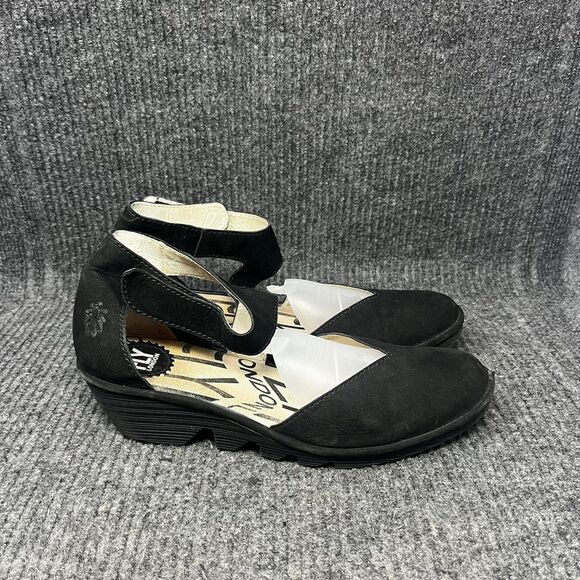 Fly London Pats801FLY Ankle Strap Wedge Sandals Black Leather Womens 41 / 9.5 US - Picture 1 of 8